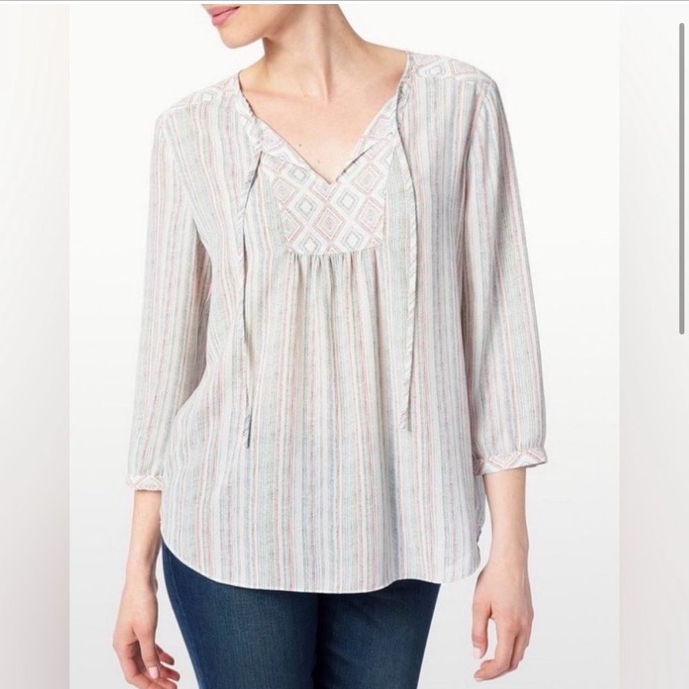 NYDJ Striped Tie-Neck 3/4 Sleeve Blouse